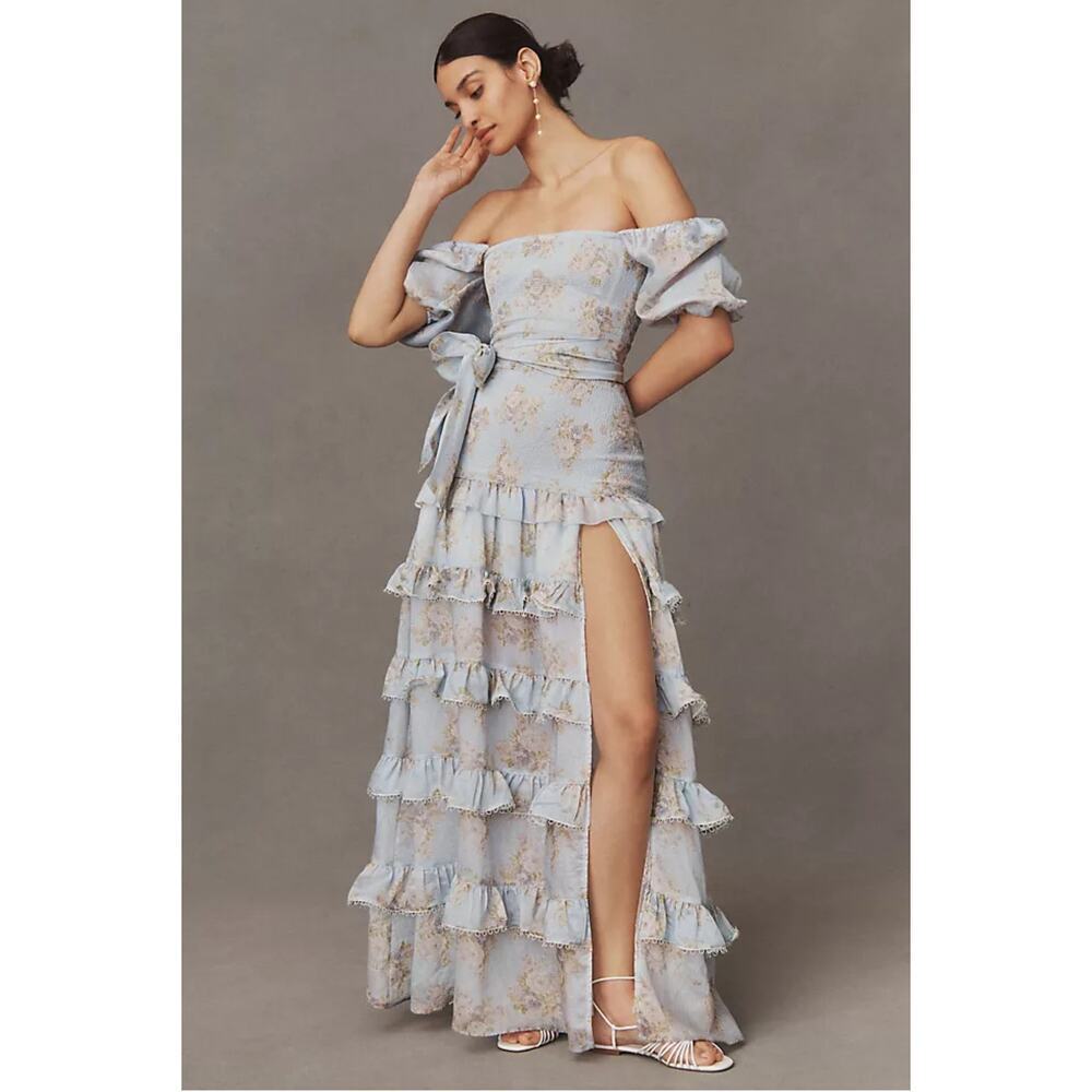 V. Chapman Elsie Ruffled Maxi Dress Blouson Sleeves Victorian Blue Roses 8 NWT